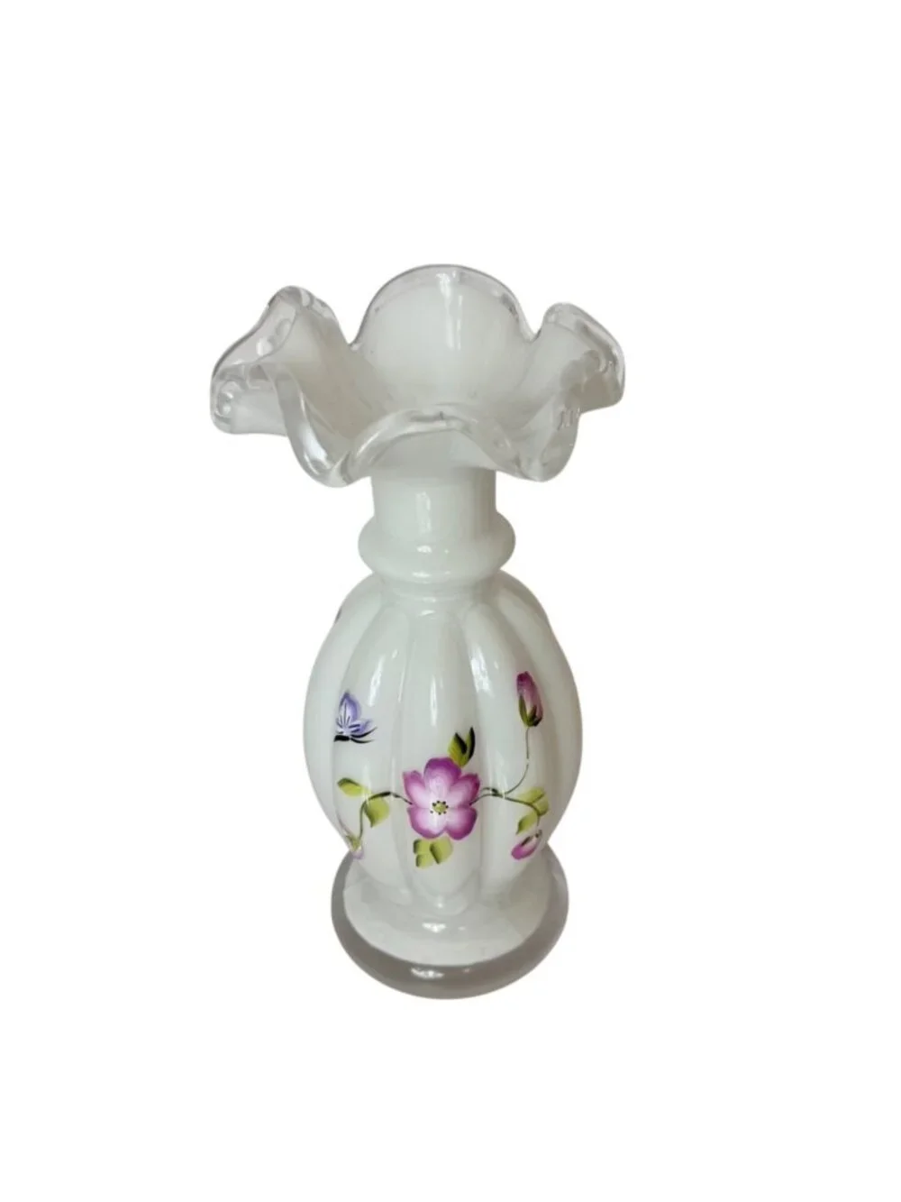 Romantic White Glass Bud Vase Hand Painted VTG Purple Floral Ruffle Rim 8.5” - Picture 7 of 16